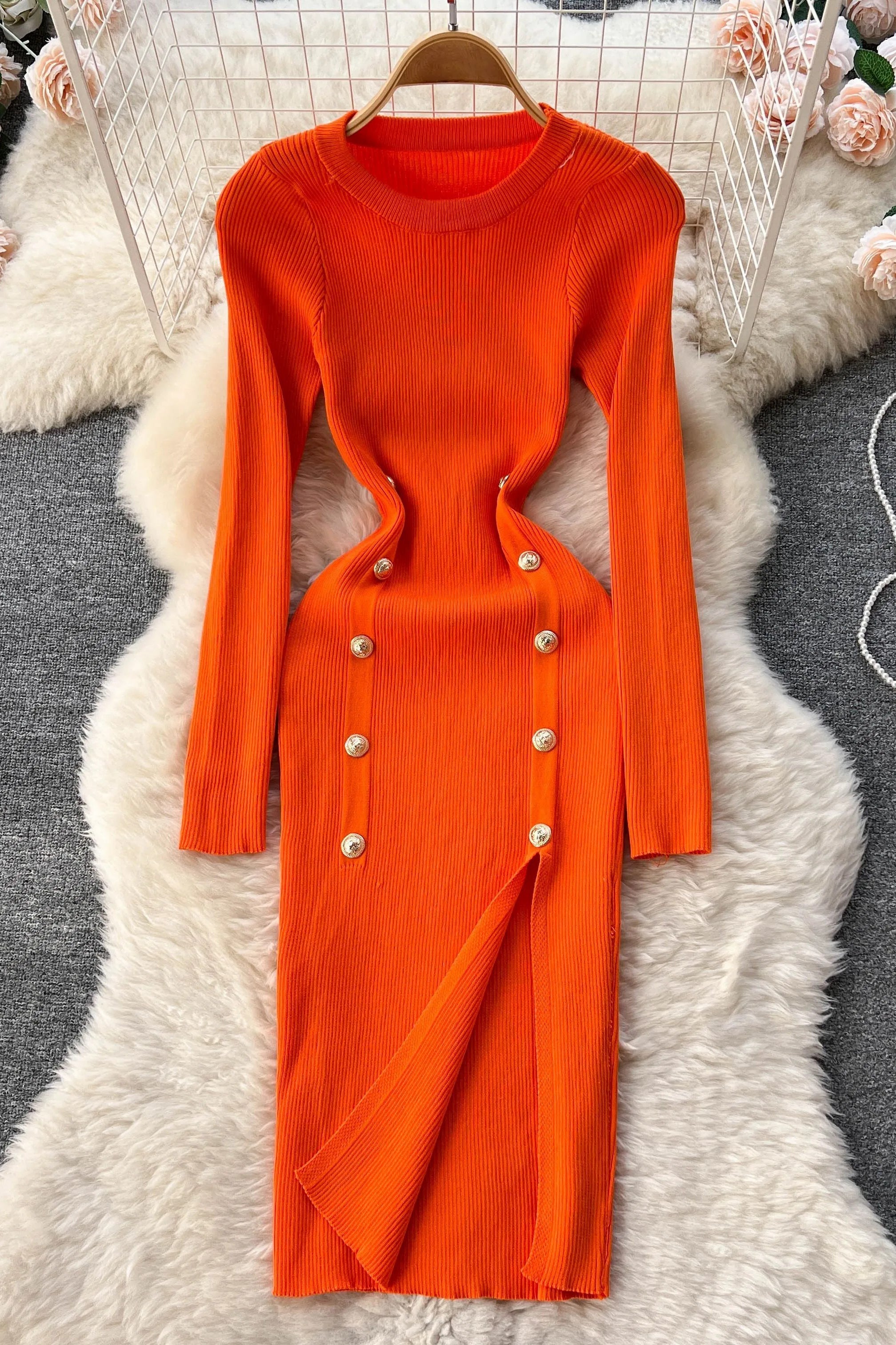 Dress Elegant Double-breasted Split Knitted Wrap Hips Bodycon Dress