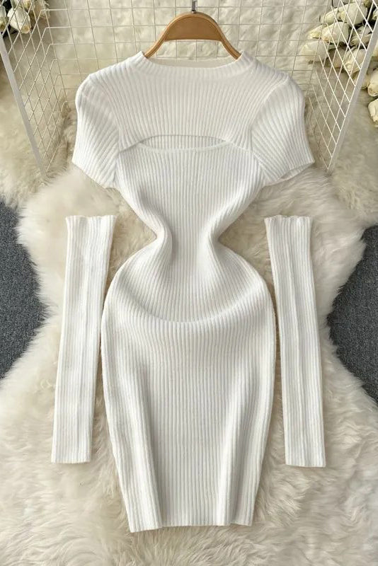 Hollow Out Short Sleeve Knitted Mini Dress with Cuffs Two Piece