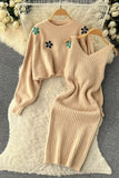 Elegant Dress Two Piece Flower Embroidery Pullover Sweaters + Knitted Mini Dress Suits