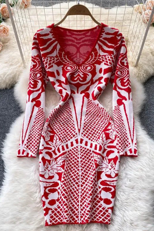 Long Sleeve Package Hips Mini Dress Ladies Knitted Dress