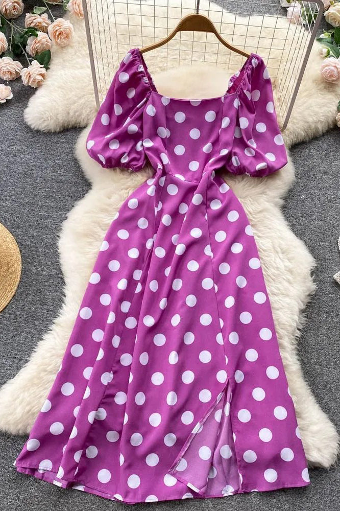 Big Polka Dot Long Dress Elegant Puff Sleeve Split Big Hem Dress