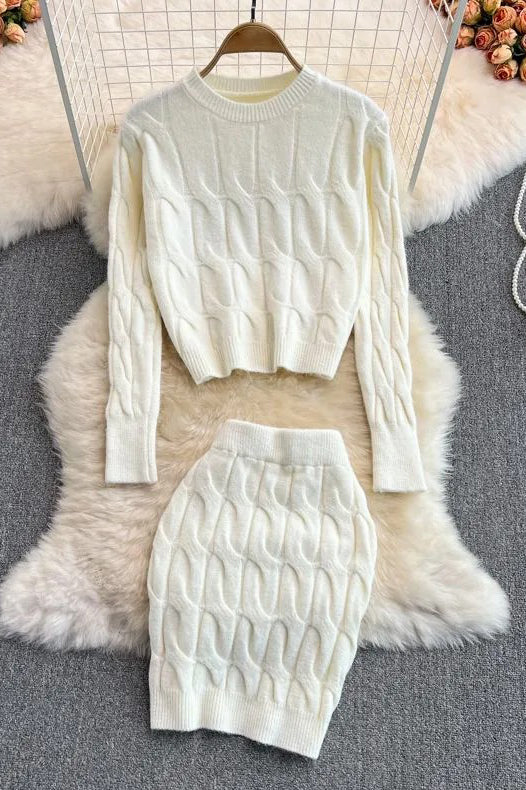 Long Sleeve Knitted Tops + Slim Mini Skirts Two Piece Suits
