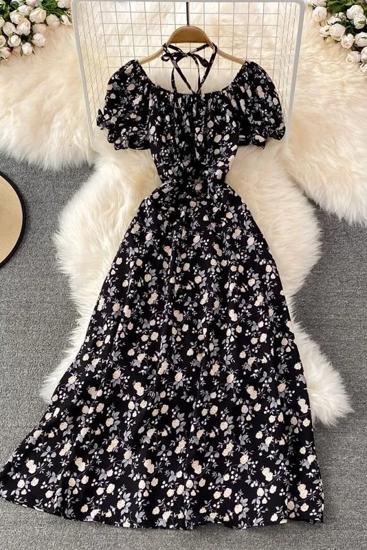 Dress Romantic Floral Print Bandage Neck Long Dress Lady Vacation Beach Dress