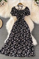 Dress Romantic Floral Print Bandage Neck Long Dress Lady Vacation Beach Dress
