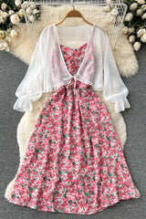 Floral Print Strap Dress + Chiffon Shawl Vacation Two Piece Suits