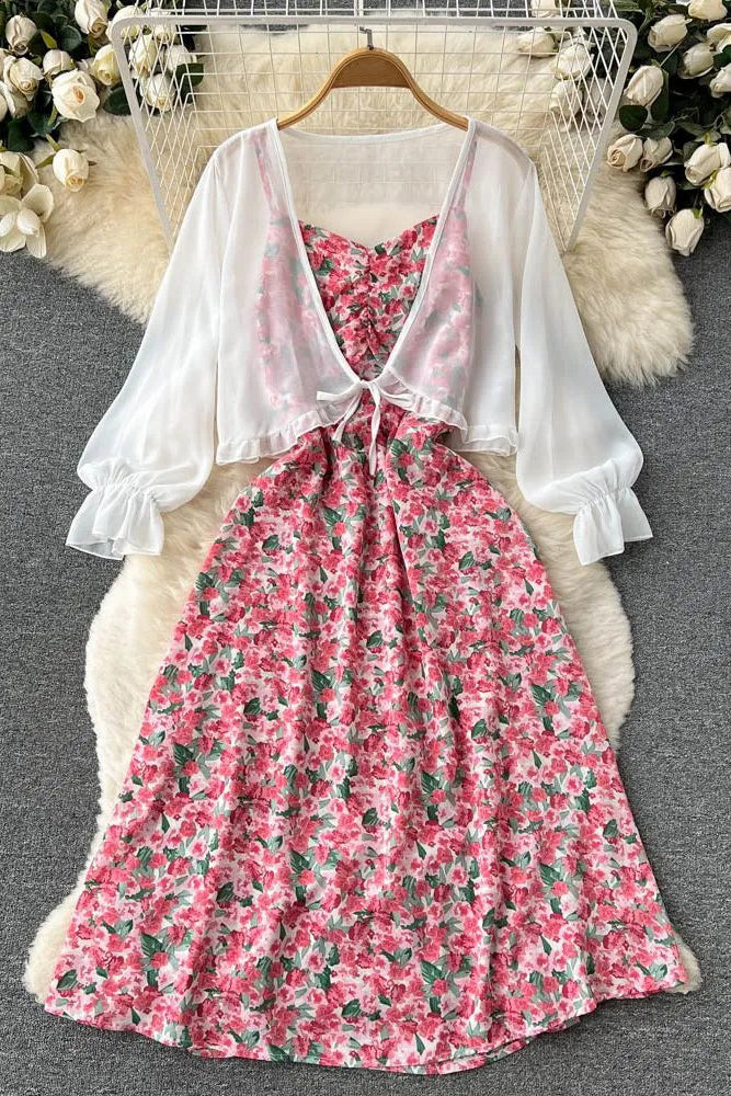 Floral Print Strap Dress + Chiffon Shawl Vacation Two Piece Suits
