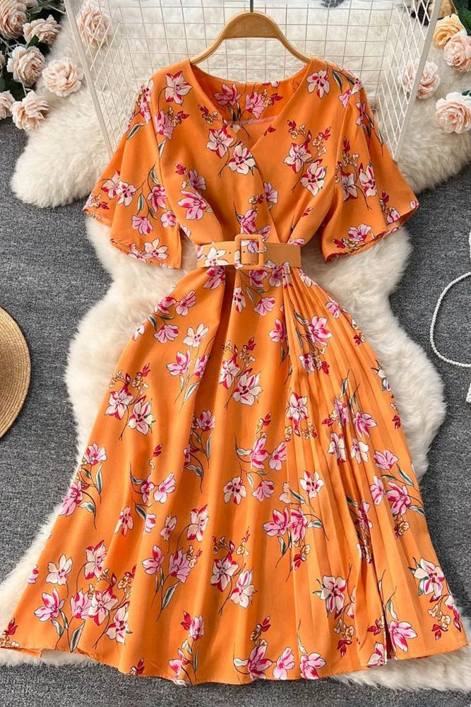 Dress Romantic Floral Print Chiffon Dress With Belt Party Dress