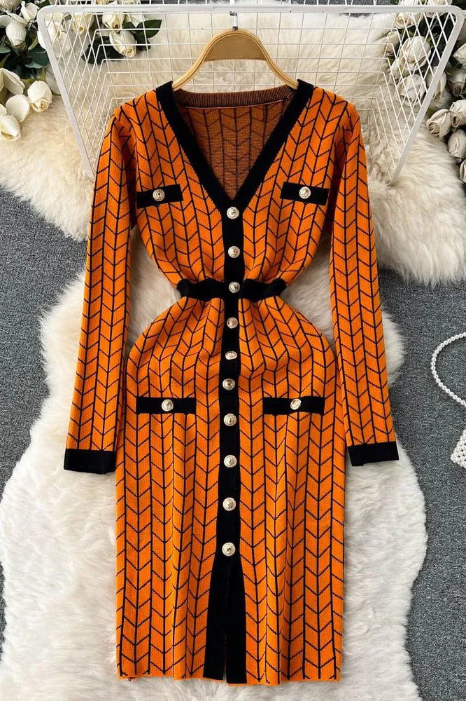 Dress V-neck Buttons Split Knitted Sweater Dress