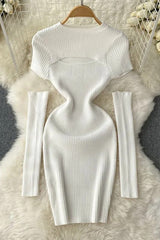 Hollow Out Short Sleeve Knitted Mini Dress with Cuffs Two Piece