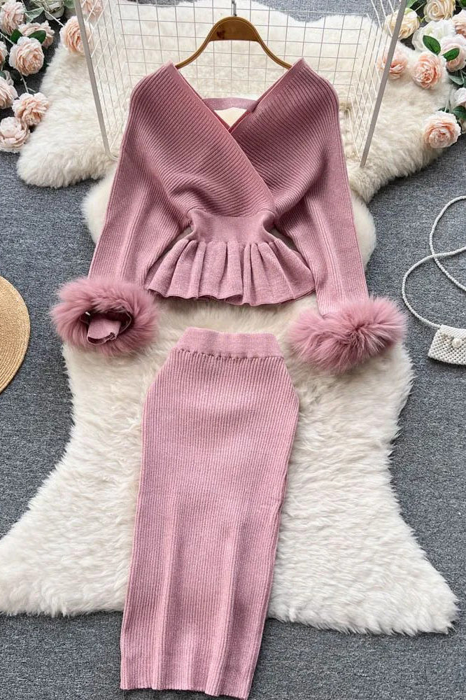 Elegant Shining Knitted Ruffled Sweater and Skinny High Waist Skirts Two Piece Suits