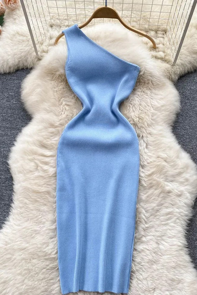 Dress One Shoulder Knitted Bodycon Dress Office Lady Outfits Elegant Dress