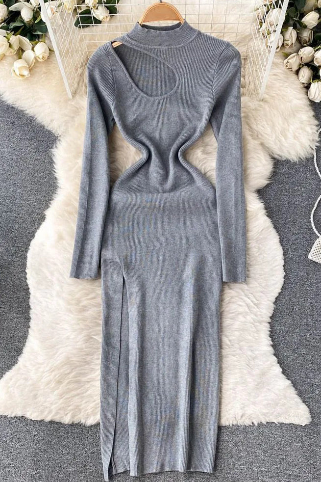 Dress Long Sleeve Slim Knitted Sweater Dress Hollow Out High Split Long Dress