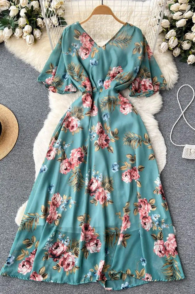 Dress Romantic Floral Print Long Chiffon Dress