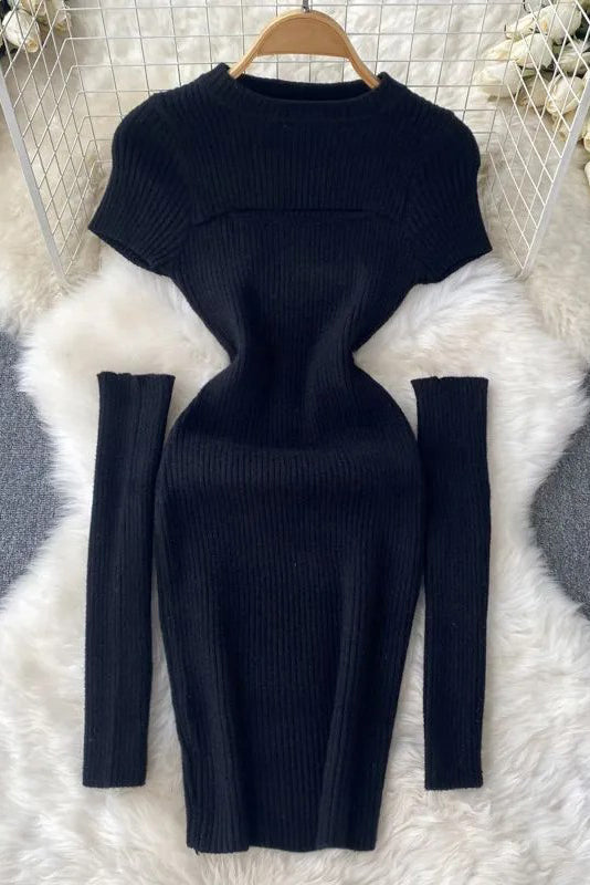 Hollow Out Short Sleeve Knitted Mini Dress with Cuffs Two Piece
