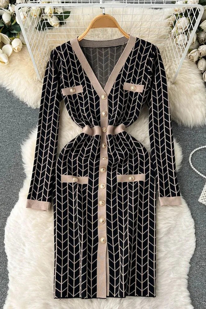 Dress V-neck Buttons Split Knitted Sweater Dress