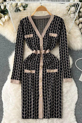 Dress V-neck Buttons Split Knitted Sweater Dress