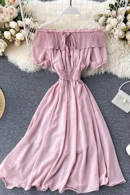Dress Off Shoulder Chiffon Dress Solid Vestidos Short Puff Sleeve Ruffles Holiday Dress
