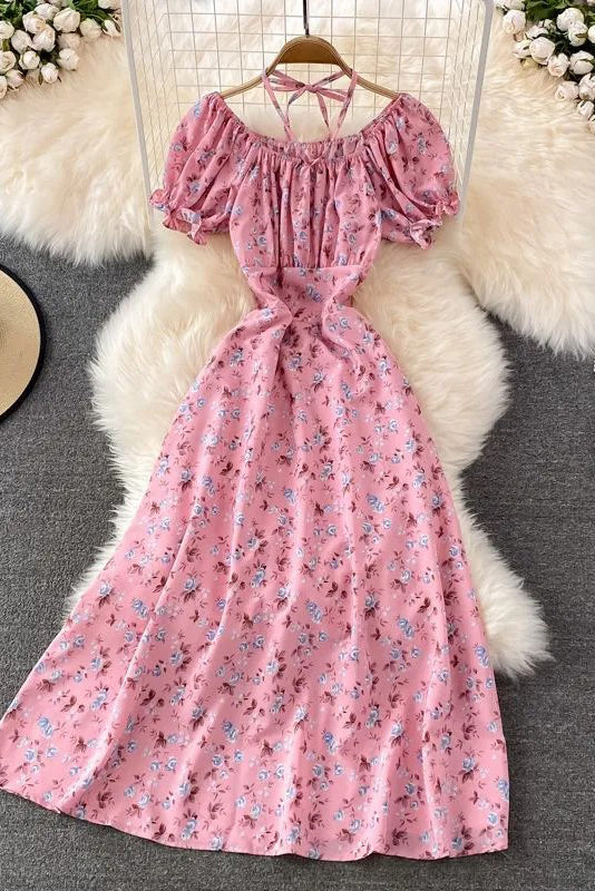 Dress Romantic Floral Print Bandage Neck Long Dress Lady Vacation Beach Dress