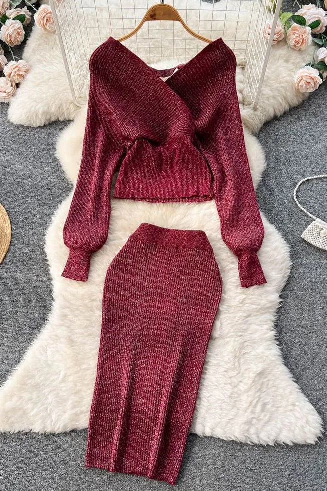 Elegant Batwing Sleeve Knitted Sweater Tops + Skinny Slim High Waist Wrap Hips Skirts Set