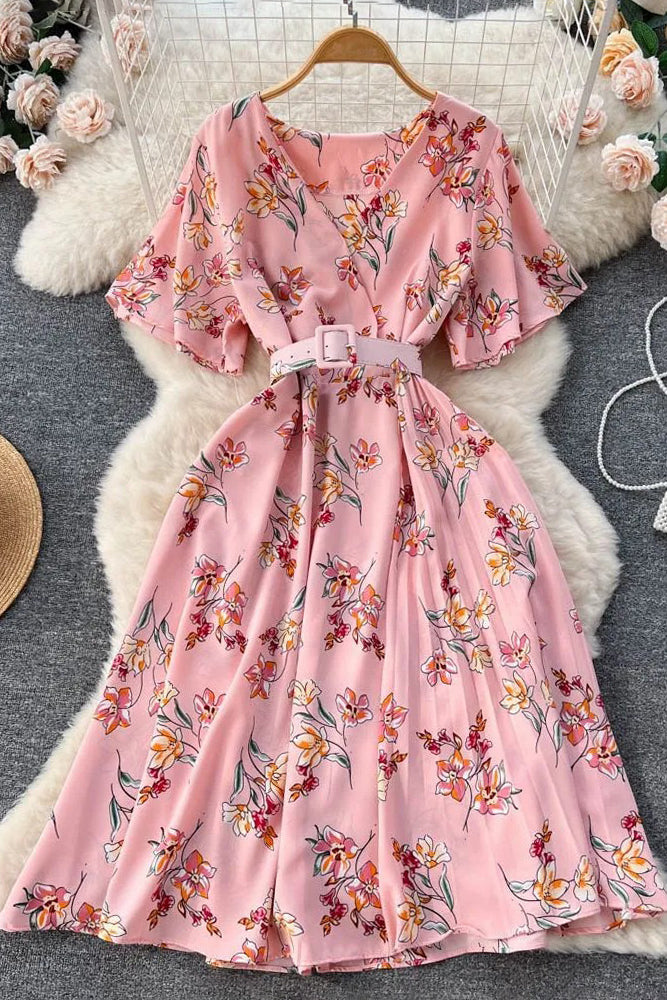 Dress Romantic Floral Print Chiffon Dress With Belt Party Dress
