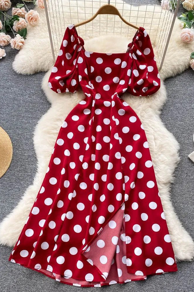 Big Polka Dot Long Dress Elegant Puff Sleeve Split Big Hem Dress