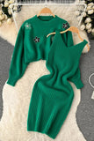 Elegant Dress Two Piece Flower Embroidery Pullover Sweaters + Knitted Mini Dress Suits