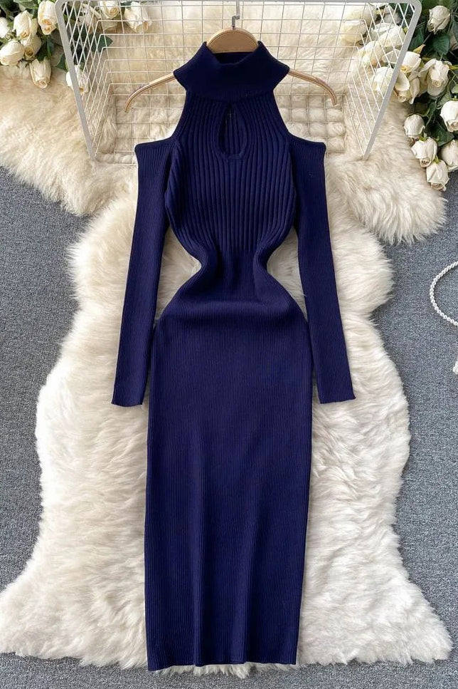 Off Shoulders Long Sleeve Dress Bodycon Knitted Sweater Dress