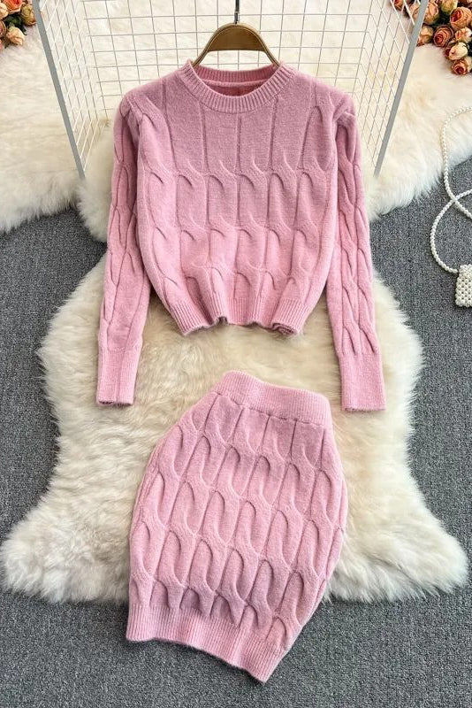 Long Sleeve Knitted Tops + Slim Mini Skirts Two Piece Suits