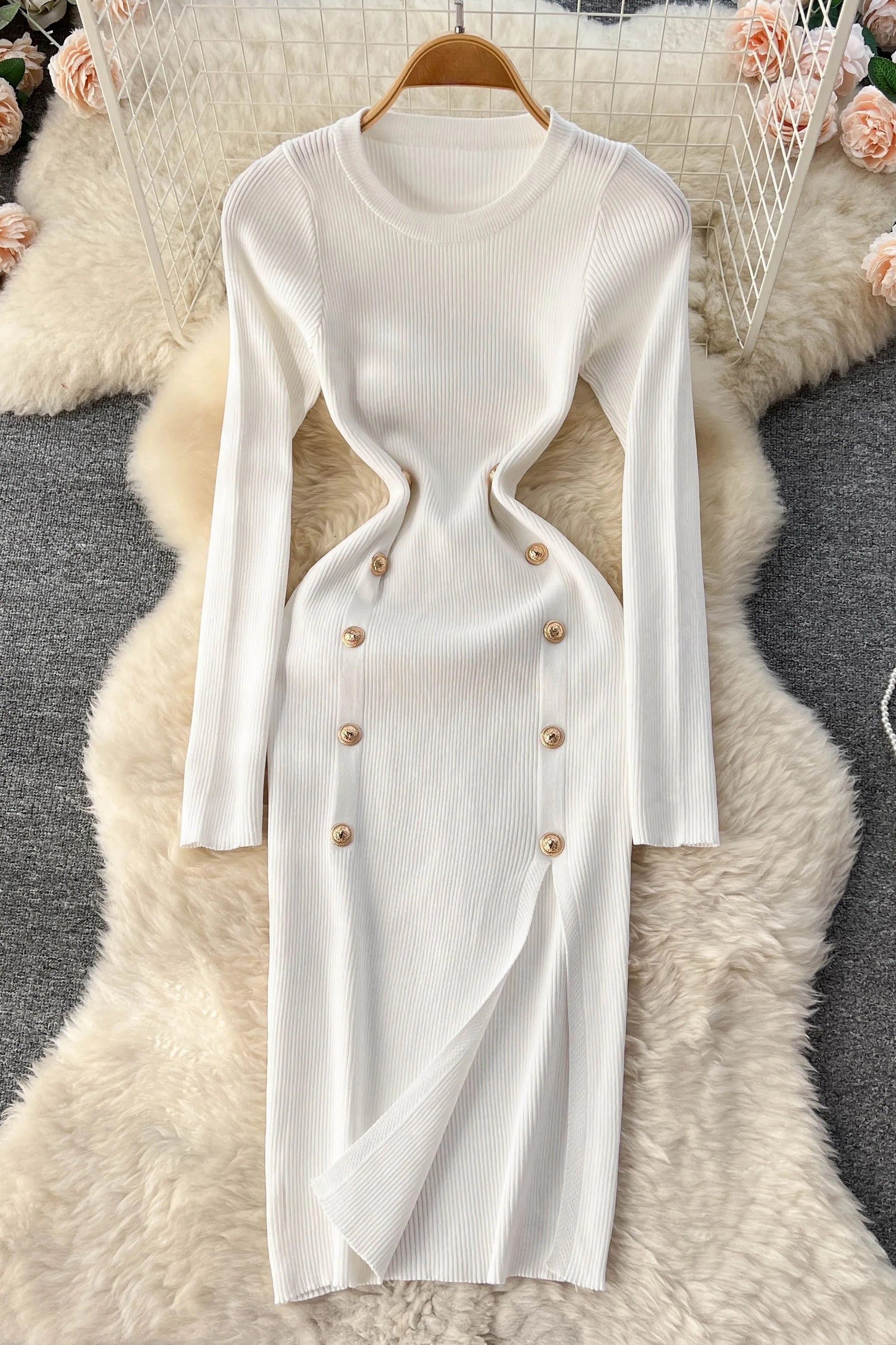 Dress Elegant Double-breasted Split Knitted Wrap Hips Bodycon Dress