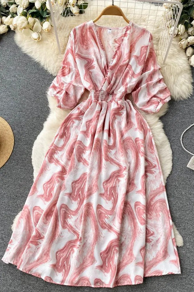Dress Print Slim Waist Long Dress Vacation Beach Robe Dress