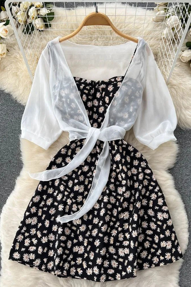 Daisy Flower Print Two Piece Set Dress Strap Vacation Short Dress and Shawl