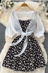 Daisy Flower Print Two Piece Set Dress Strap Vacation Short Dress and Shawl