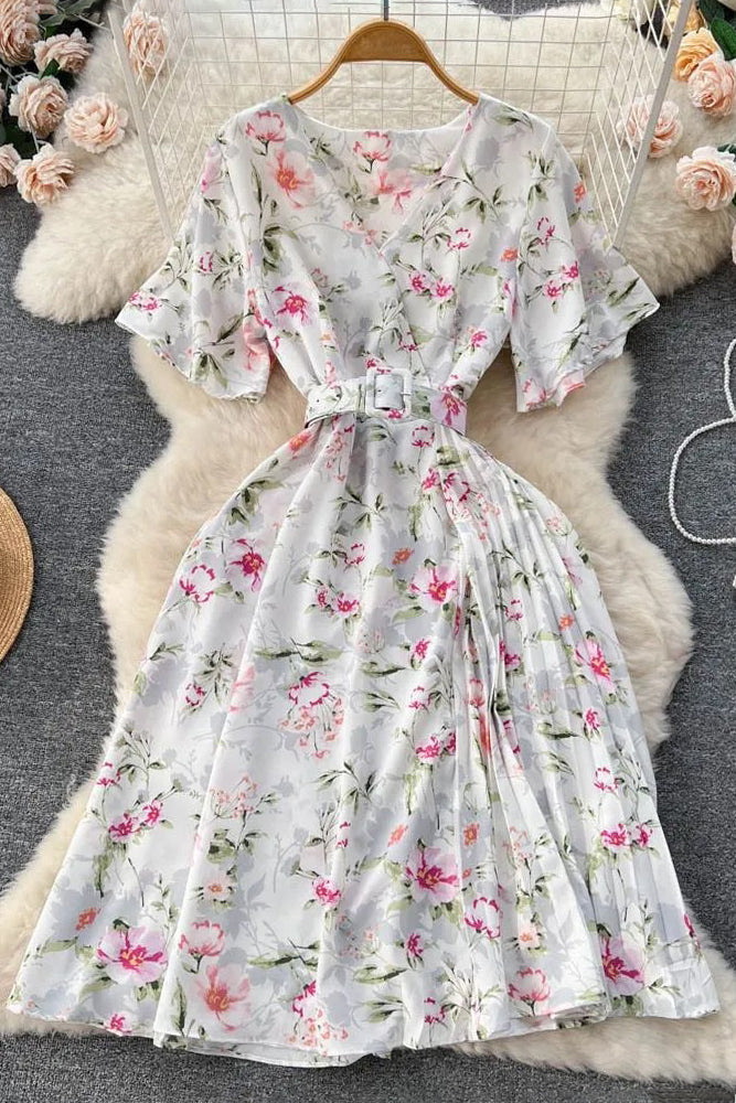 Dress Romantic Floral Print Chiffon Dress With Belt Party Dress