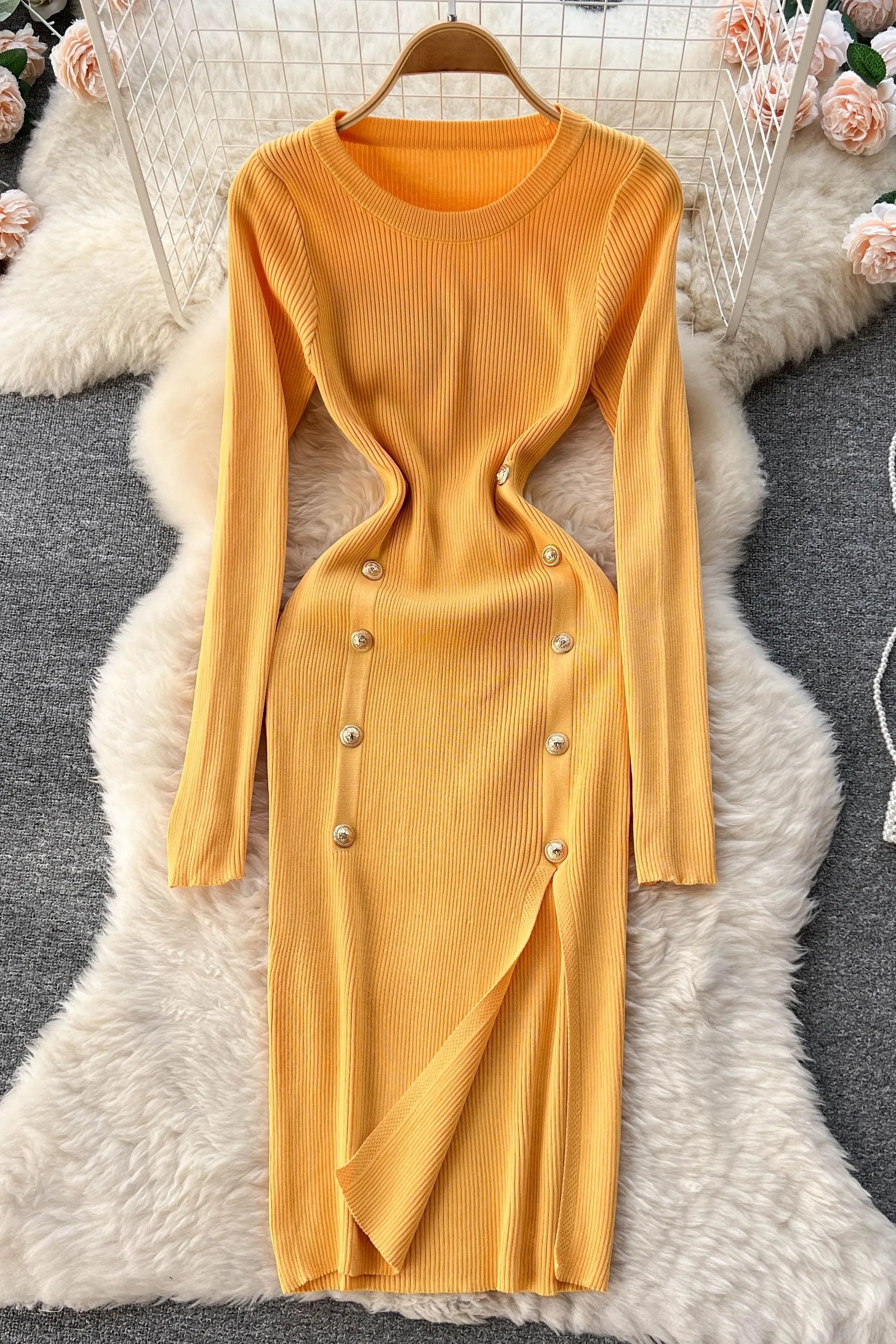 Dress Elegant Double-breasted Split Knitted Wrap Hips Bodycon Dress