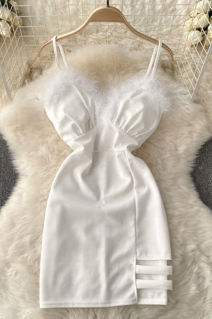 Furry Stitching Nightclub Off-Shoulder Backless Dress With Sleeves