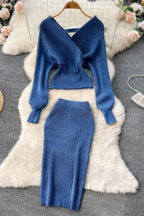 Elegant Batwing Sleeve Knitted Sweater Tops + Skinny Slim High Waist Wrap Hips Skirts Set