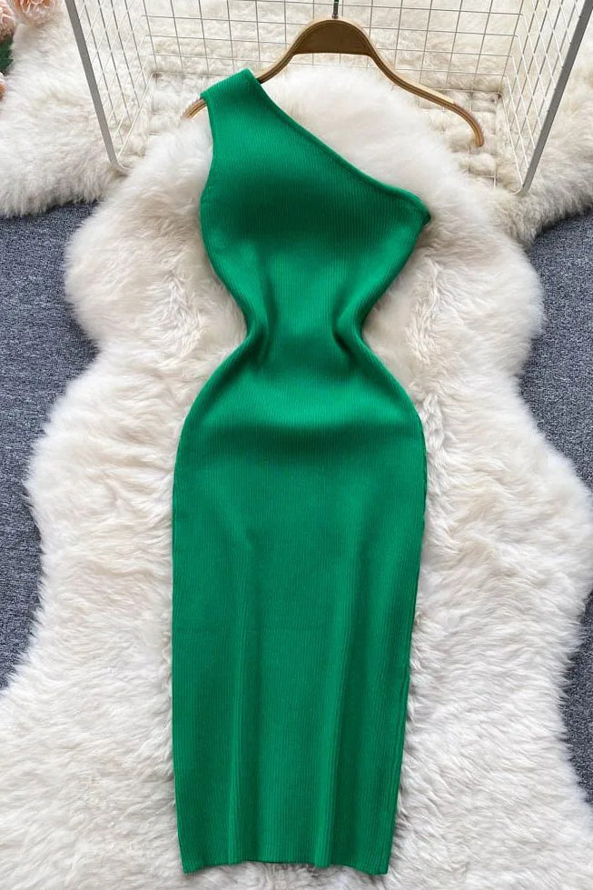 Dress One Shoulder Knitted Bodycon Dress Office Lady Outfits Elegant Dress