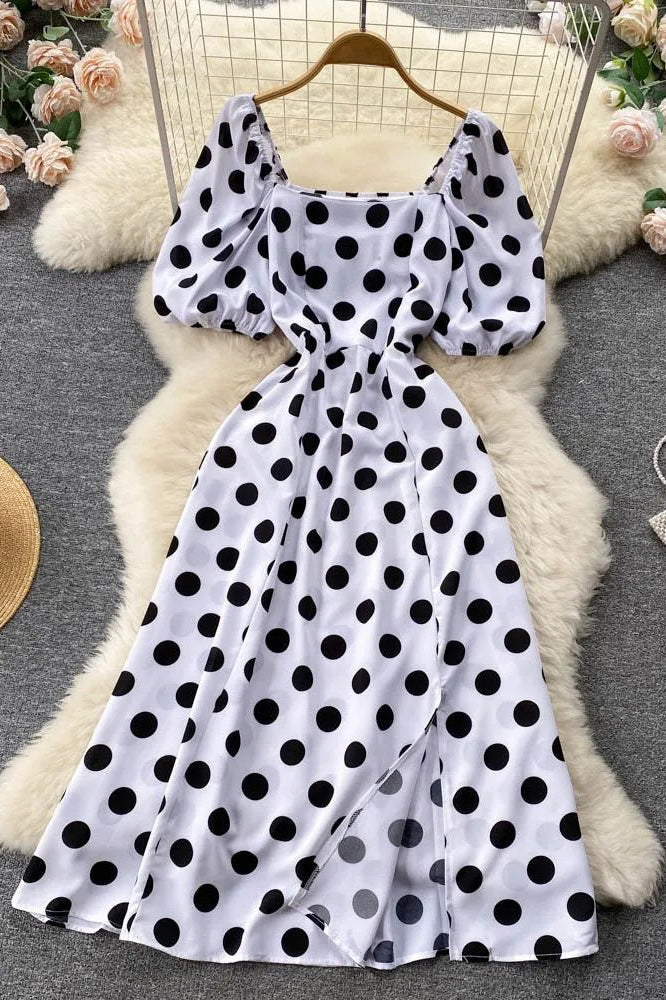 Big Polka Dot Long Dress Elegant Puff Sleeve Split Big Hem Dress