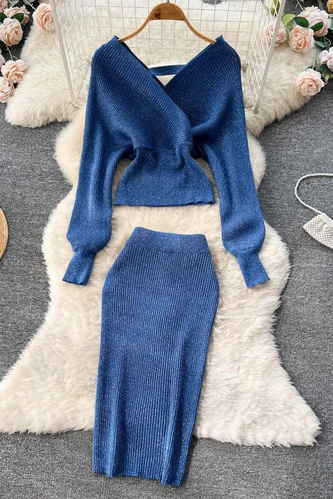 Elegant Batwing Sleeve Knitted Sweater Tops + Skinny Slim High Waist Wrap Hips Skirts Set