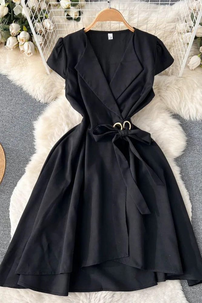 Dress Elegant Turn-down Collar Asymmetrical A-line Wrap Dress Shirt Female Dress