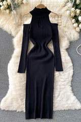 Off Shoulders Long Sleeve Dress Bodycon Knitted Sweater Dress