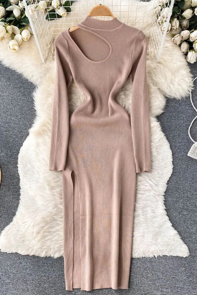 Dress Long Sleeve Slim Knitted Sweater Dress Hollow Out High Split Long Dress