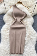 Dress One Shoulder Knitted Bodycon Dress Office Lady Outfits Elegant Dress