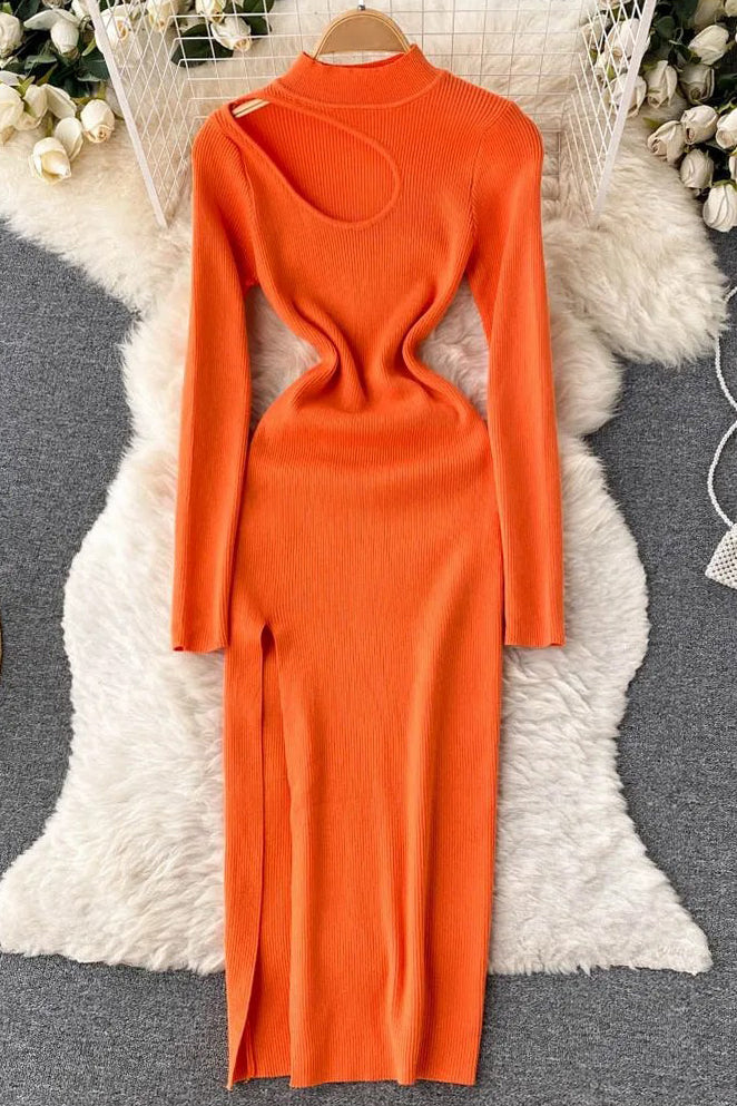 Dress Long Sleeve Slim Knitted Sweater Dress Hollow Out High Split Long Dress
