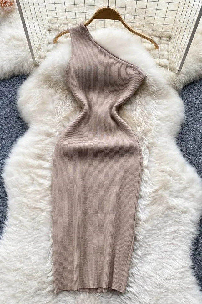 Dress One Shoulder Knitted Bodycon Dress Office Lady Outfits Elegant Dress