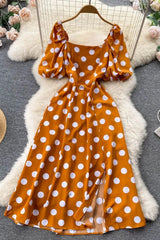 Big Polka Dot Long Dress Elegant Puff Sleeve Split Big Hem Dress