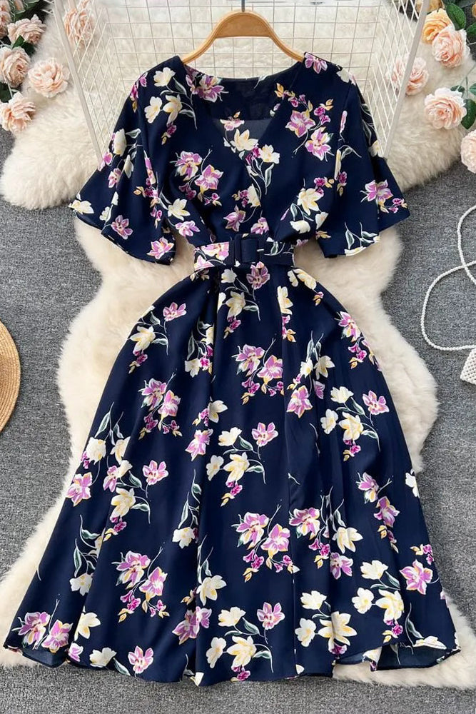 Dress Romantic Floral Print Chiffon Dress With Belt Party Dress