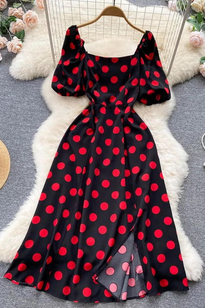 Big Polka Dot Long Dress Elegant Puff Sleeve Split Big Hem Dress