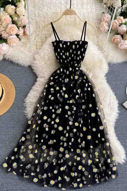 Daisy Flower Print Mesh Dress Two Layers Strap Vacation Midi Dress Beach Vestidos Dress