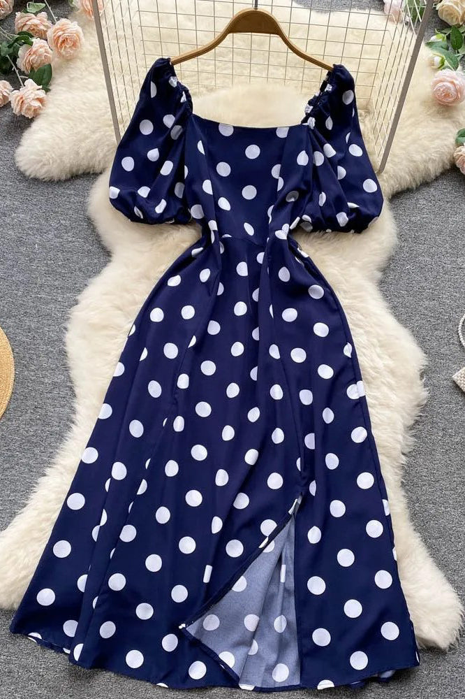 Big Polka Dot Long Dress Elegant Puff Sleeve Split Big Hem Dress